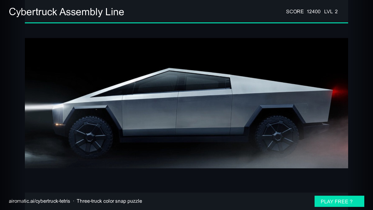 Cybertruck Assembly Line — three-truck color snap puzzle