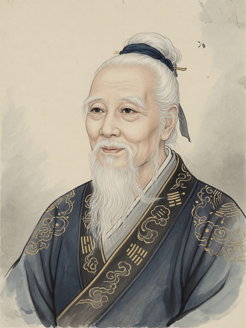 易翁畫像：白髯、玄青袍、衣襟上繡著卦象