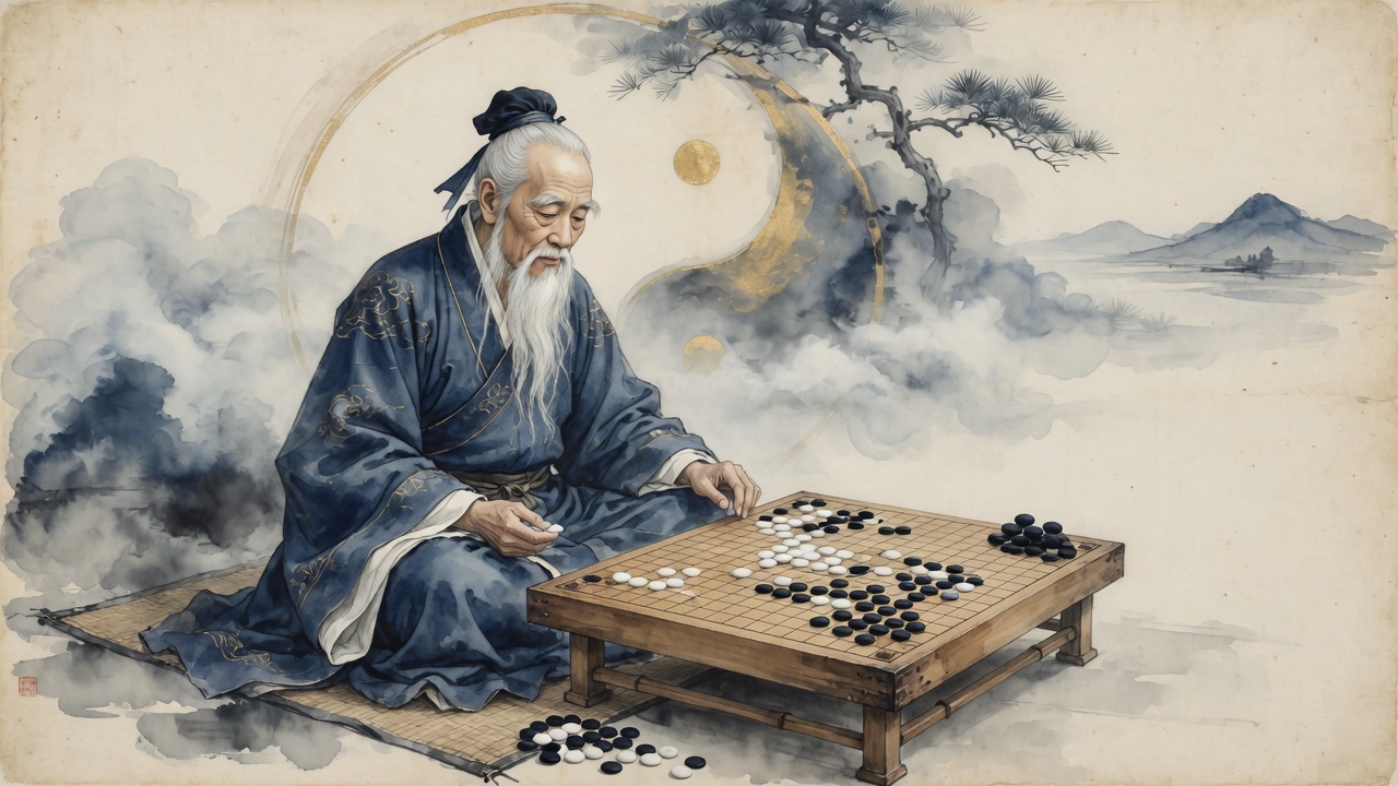 易翁坐在棋盤前，背後是太極與遠山